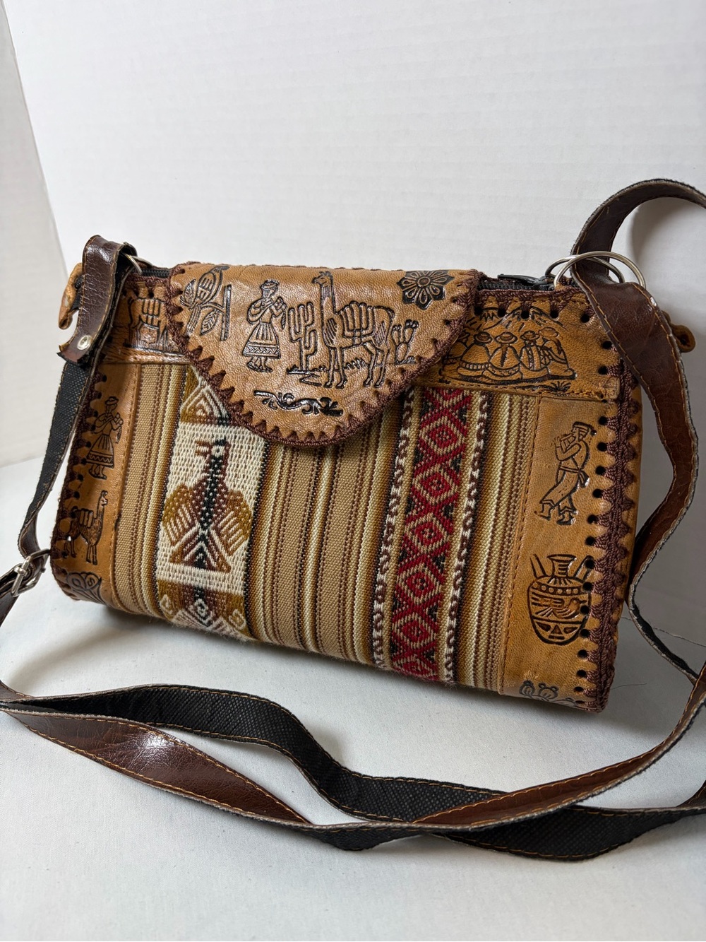 Vintage Peruvian Woven Textile & Leather Shoulder Bag  Crossbody Purse
